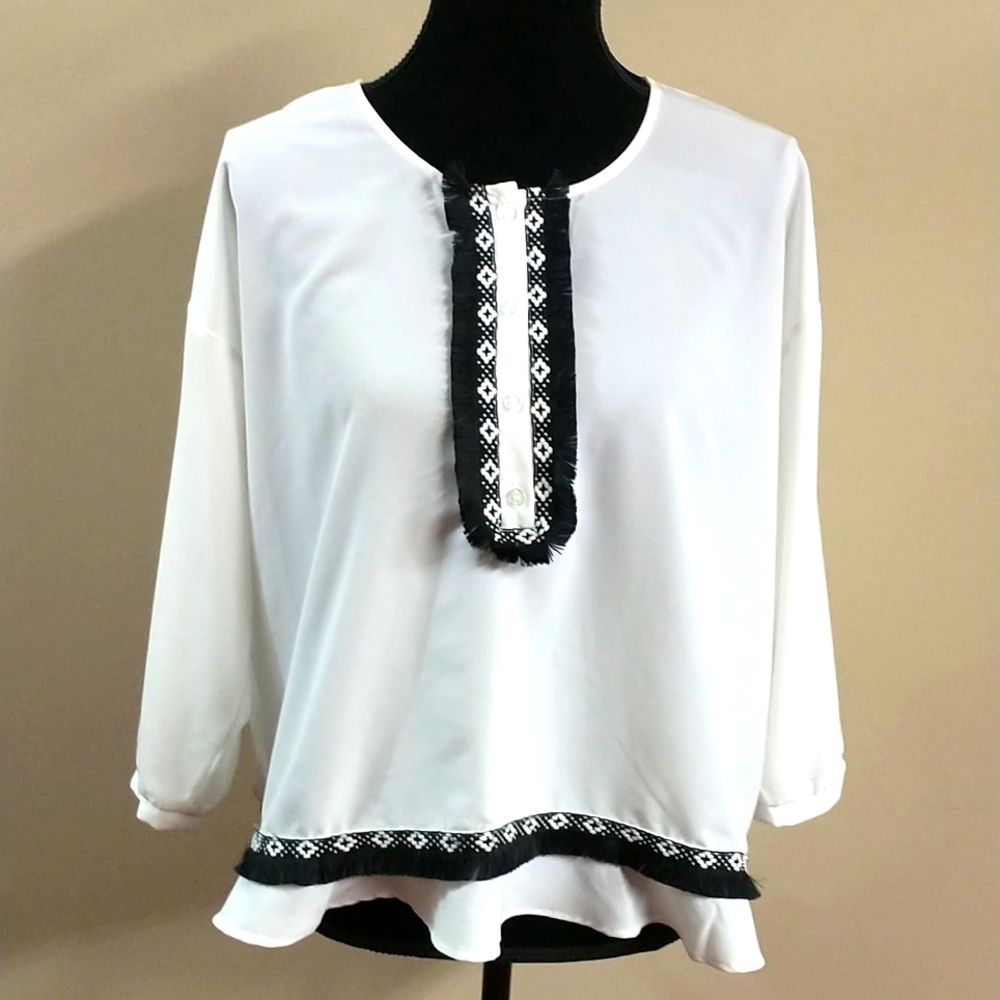 Limited Black and White Fringe Detail Blouse